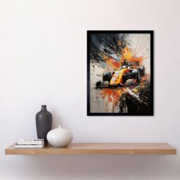 "Artery8 Wall Art Print Yellow Race Car Racing Scene Modern Spatter Art Framed in Black - Size: W12"" x H16""" - thumbnail 2