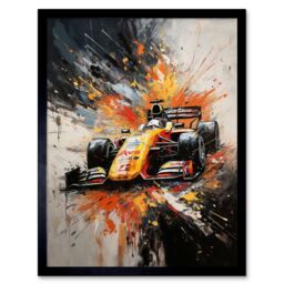 "Artery8 Wall Art Print Yellow Race Car Racing Scene Modern Spatter Art Framed in Black - Size: W12"" x H16""" - thumbnail 1