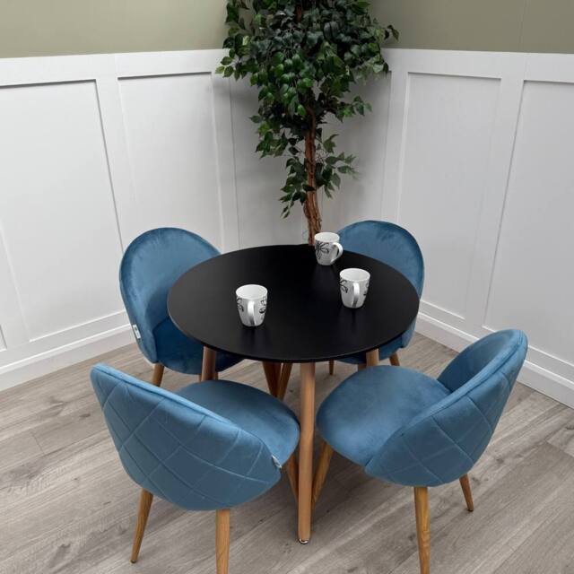 Life Interiors Lucia Dining Set Round Black Table + 4 Velvet Dining Chairs in Blue - image 1
