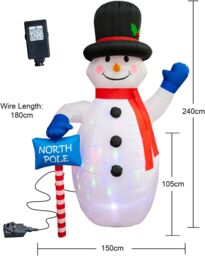 Shatchi 8ft Inflatable Hand Waving Snowman with North Pole Sign Board Pre Lit Mains Powered White LED Lights - thumbnail 3
