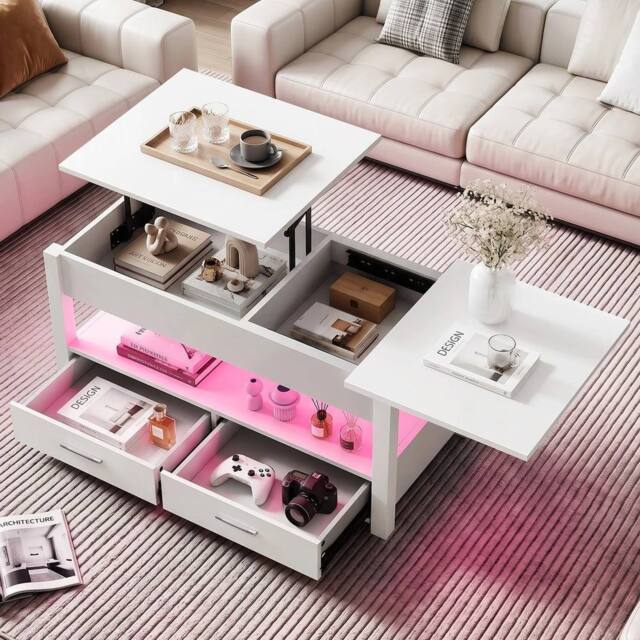 EONLION LED Lift Top Coffee Table With Drawers in White - Size: 100 cm - image 1