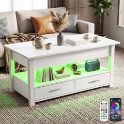 EONLION LED Lift Top Coffee Table With Drawers in White - Size: 100 cm - thumbnail 4