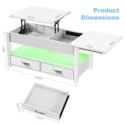 EONLION LED Lift Top Coffee Table With Drawers in White - Size: 100 cm - thumbnail 2