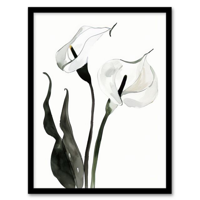 Artery8 Calla Lily Flower Black White Watercolour Lilies Framed Art Print - Size: A4 - image 1