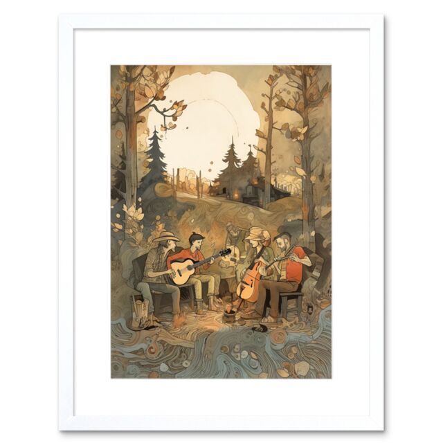 Artery8 Wall Art Print Countryside Folk Band Musicians Playing Music in the Forest at Sunset Modern Watercolour Painting Artwork Framed 9X7 Inch - image 1
