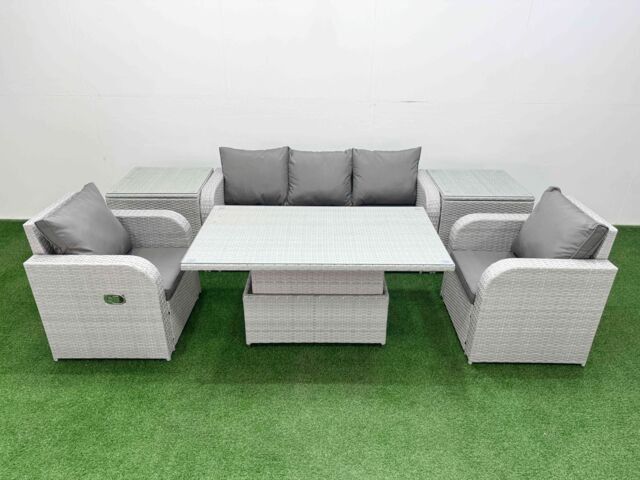 Fimous PE Rattan Garden Furniture Set Reclining Chair Sofa Lounge Sofa Set Adjustable Lifting Dining or Coffee Table 2 Side Table Light Grey - image 1