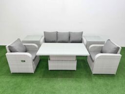 Fimous PE Rattan Garden Furniture Set Reclining Chair Sofa Lounge Sofa Set Adjustable Lifting Dining or Coffee Table 2 Side Table Light Grey - thumbnail 2