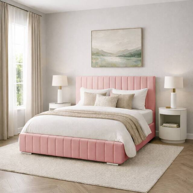 Desire Deco Plush Velvet Platinum Upholstered Bed Frame, All Sizes in Pink - Size: Single - image 1