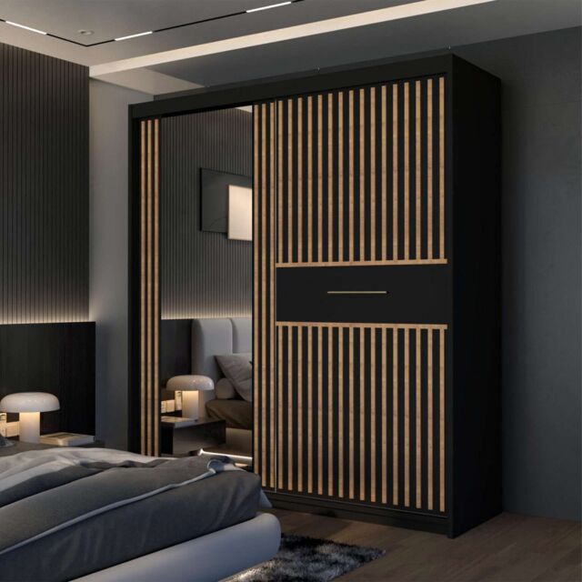 Sliding Wardrobes 4U Modern Sliding Wardrobe with LED Light W150cm x H 217 x D 62cm in Black - image 1