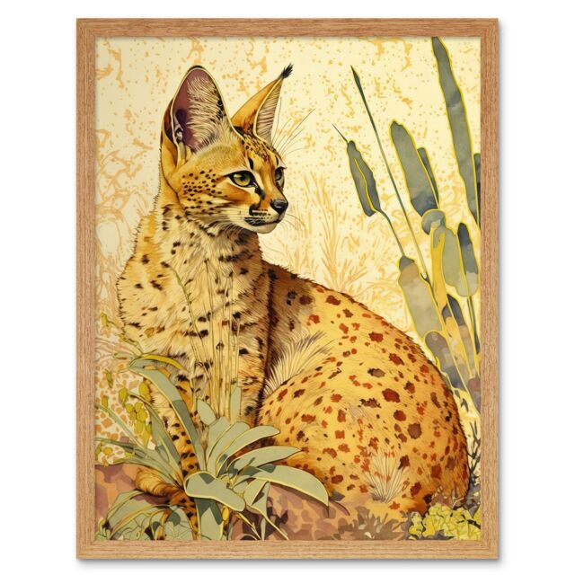"Artery8 Wall Art Print Serval Cat in Nature Detailed Watercolour & Ink Bright Art Framed in Light Oak - Size: W12"" x H16""" - image 1