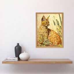 "Artery8 Wall Art Print Serval Cat in Nature Detailed Watercolour & Ink Bright Art Framed in Light Oak - Size: W12"" x H16""" - thumbnail 2