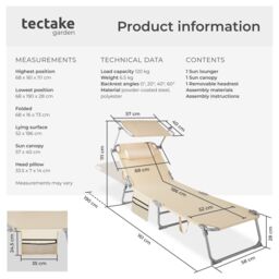 tectake Sun Lounger - foldable with sun canopy in Beige - Size: 1 Seater - thumbnail 6