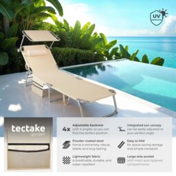 tectake Sun Lounger - foldable with sun canopy in Beige - Size: 1 Seater - thumbnail 2
