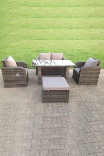 Fimous Rattan Garden Furniture Set Adjustable Chair Sofa Double Love Seat 2 Seater Sofa Oblong Black Glass Dining Table in Dark Grey - image 1