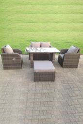 Fimous Rattan Garden Furniture Set Adjustable Chair Sofa Double Love Seat 2 Seater Sofa Oblong Black Glass Dining Table in Dark Grey - thumbnail 1