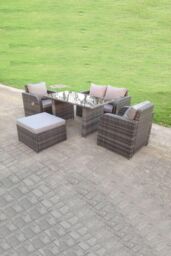 Fimous Rattan Garden Furniture Set Adjustable Chair Sofa Double Love Seat 2 Seater Sofa Oblong Black Glass Dining Table in Dark Grey - thumbnail 2