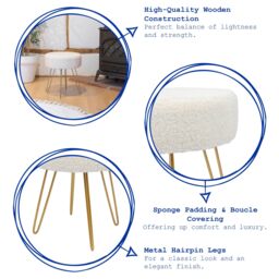 Harbour Housewares Round Boucle Footstool - Small Ottoman Footrest Accent Stool Gold Base in Black - thumbnail 3