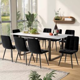 HomeTouch Marble Effect Extendable Dining Table with Iron Metal Legs(L140-180cm x W80cm) in White - Size: 1 Pack - thumbnail 2