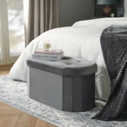 OHS Folding Ottoman Storage Box Footstool Tub Space Saving Velvet Seat, Lozenge in Charcoal