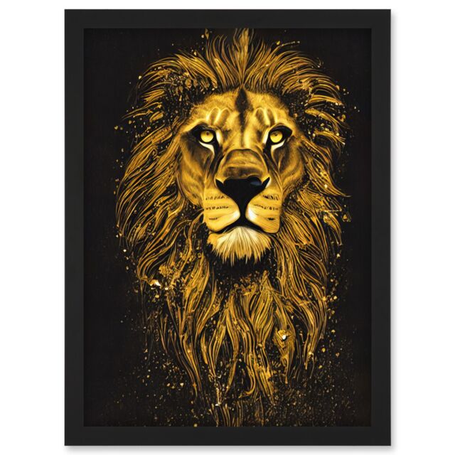 Artery8 King Of The Pride Male Lion Golden Mane Painting Gustav Dore Style Black & Gold Artwork Framed Wall Art Print A4 - image 1