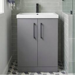 Balterley Modern Bathroom 2 Soft Close Door Vanity Unit Basin, Satin Grey, 600mm in Grey - thumbnail 5