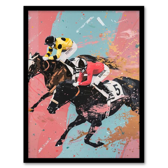 "Artery8 Horserace Jockeys Horse Racing Bold Dynamic Framed Art Print - Size: W12"" x H16""" - image 1