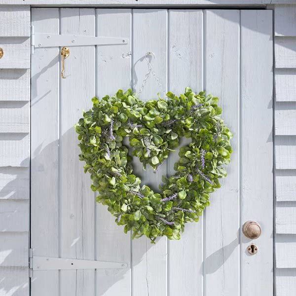 Marco Paul Fake Lavender Flowers Heart Shaped Welcome Door Wreath in Green