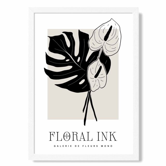 ARTZE Arum Lillies in Black & Beige Floral Ink Sketch Framed Print SIZE: A4 with White Frame - image 1