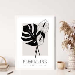 ARTZE Arum Lillies in Black & Beige Floral Ink Sketch Framed Print SIZE: A4 with White Frame - thumbnail 2