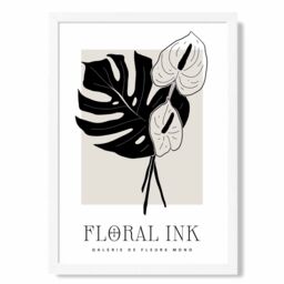 ARTZE Arum Lillies in Black & Beige Floral Ink Sketch Framed Print SIZE: A4 with White Frame - thumbnail 1