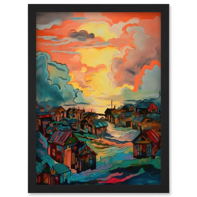 Artery8 Atmospheric Clouds Over Mono Fishing Village Cabins at Dawn Modern Watercolour Painting Artwork Framed Wall Art Print A4 in Black - image 1
