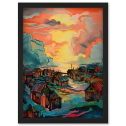 Artery8 Atmospheric Clouds Over Mono Fishing Village Cabins at Dawn Modern Watercolour Painting Artwork Framed Wall Art Print A4 in Black - thumbnail 1