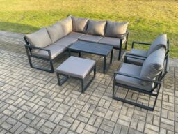 Fimous Aluminium Outdoor Garden Furniture Set Lounge Sofa Oblong Coffee Table Sets with 2 Pcs Chair Big Footstool Indoor Conservatory Set in Dark Grey - thumbnail 1