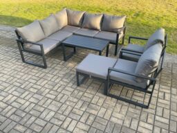 Fimous Aluminium Outdoor Garden Furniture Set Lounge Sofa Oblong Coffee Table Sets with 2 Pcs Chair Big Footstool Indoor Conservatory Set in Dark Grey - thumbnail 2