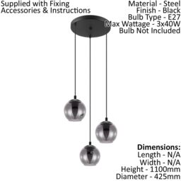 Loops Pendant Light Colour Black Shade Black Transparent Glass Vaporized E27 3x40W - thumbnail 2