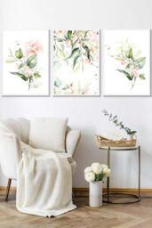 ARTZE Set of 3 White Framed Pink Watercolour Rose Bouquets Wall Art in Light Pink - Size: W33 cm x H45 cm x D20mm