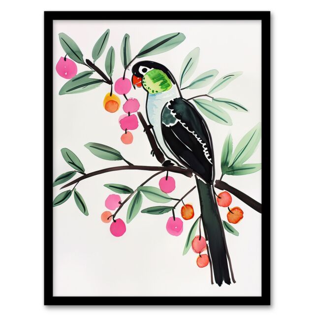 "Artery8 Parrot Bird Pink Green Fruit Tree Branch Bright Framed Wall Art - Size: W12"" x H16""" - image 1