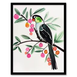 "Artery8 Parrot Bird Pink Green Fruit Tree Branch Bright Framed Wall Art - Size: W12"" x H16""" - thumbnail 1