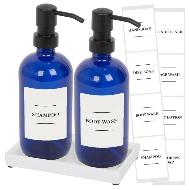 Harbour Housewares 2pc Glass Soap Dispenser Set with Ceramic Tray & Labels - 500ml - White in Blue - image 1
