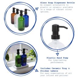 Harbour Housewares 2pc Glass Soap Dispenser Set with Ceramic Tray & Labels - 500ml - White in Blue - thumbnail 2