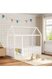 Living and Home Wooden House Children's Bed with Fence and Roof in White