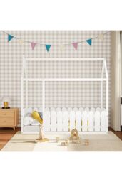 Living and Home Wooden House Children's Bed with Fence and Roof in White - thumbnail 2