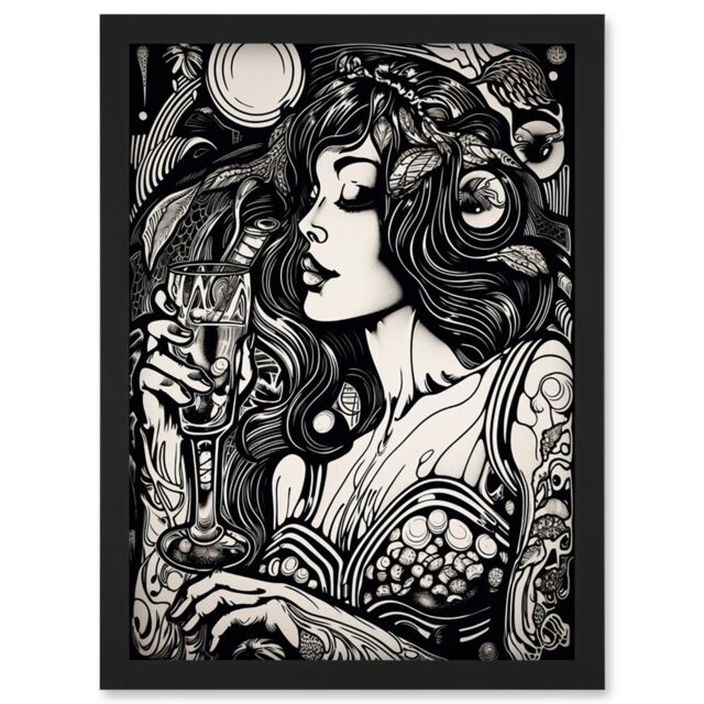Artery8 Woman Drinking Wine Black & White Illustration Artwork Framed Wall Art Print A4 - image 1