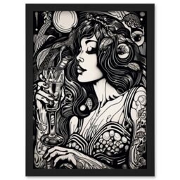 Artery8 Woman Drinking Wine Black & White Illustration Artwork Framed Wall Art Print A4 - thumbnail 1