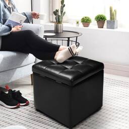 Hinsinc Faux Leather Storage Cube Ottoman Foot Stool in Black - Size: 0.6m2 - thumbnail 6