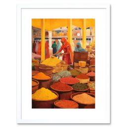 "Artery8 Wall Art Print The Spice Market Herbs & Spices Colourful Kitchen Artwork Framed 9X7 Inch in White - Size: W7"" x H9""" - thumbnail 1