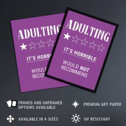 Artery8 Adulting Funny Review Would Not Recommend Framed Wall Art Print in Purple - Size: A4 - thumbnail 2