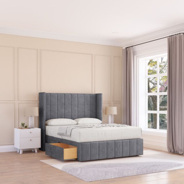 "Sloomy Melbourne Coniston Wingback Bed Set, 2 Drawers & 54"" Floor Standing Headboard in Dark Grey - Size: Super King" - image 1