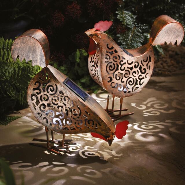 mysmartbuy 2 x Solar Powered Silhouette Hens - Outdoor Ornaments with LED Light in Bronze - image 1