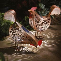 mysmartbuy 2 x Solar Powered Silhouette Hens - Outdoor Ornaments with LED Light in Bronze